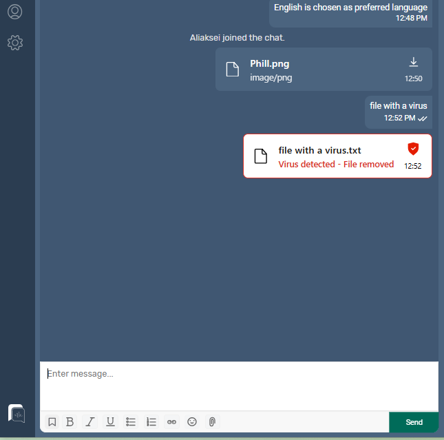 Example chat showing an attachment, and an attachment flagged as a virus